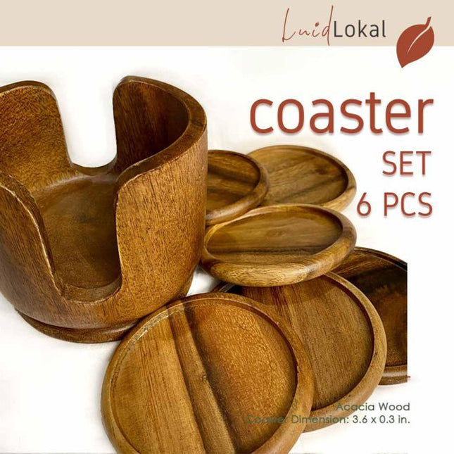 Luid Lokal 6 Pieces Coaster Set with Free Holder Acacia Wood