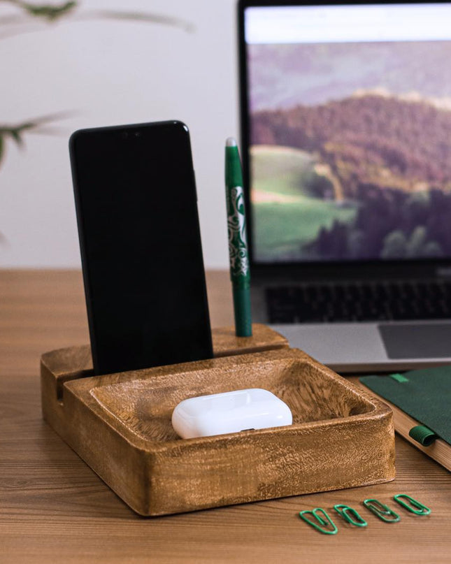 Luid Lokal Phone Stand with Multipurpose Tray Chips Keys Coins Watch Stash Pen Personalized Acacia Wood