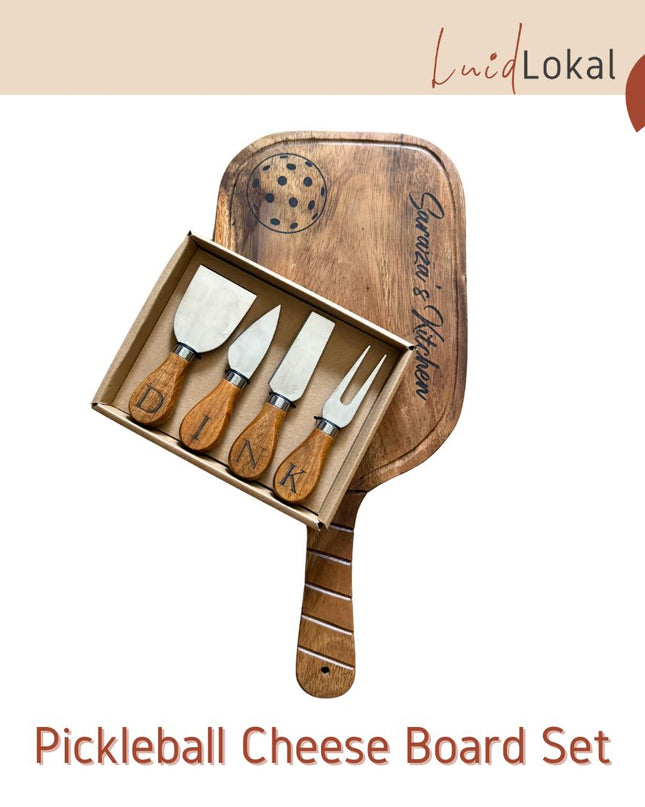 Luid Lokal Pickleball Paddle Cheese Board Charcuterie Cheese Knife Set Personalized Engraving Sports Gift Acacia Wood