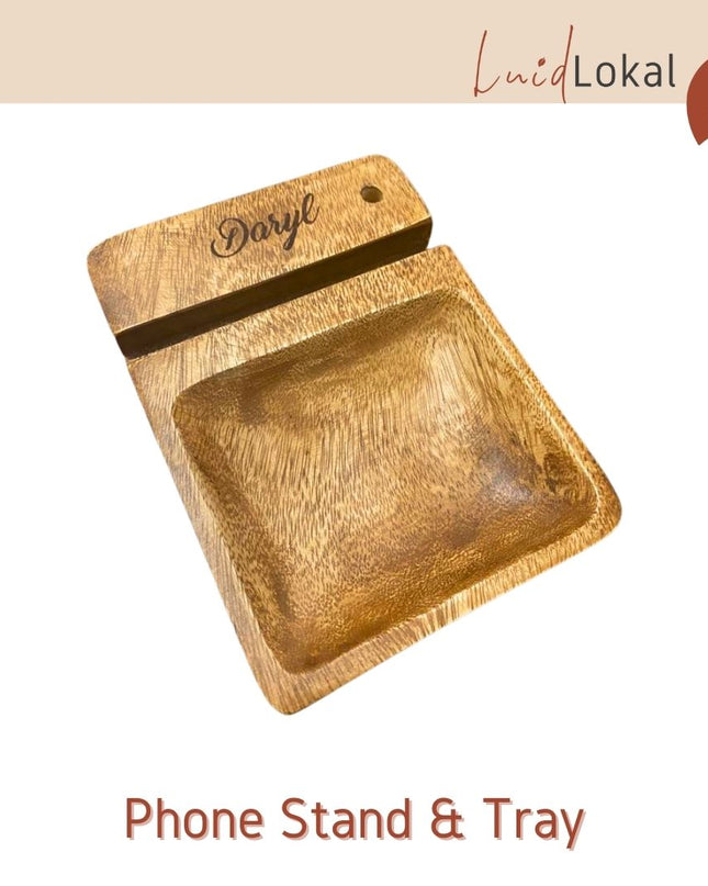 Luid Lokal Phone Stand with Multipurpose Tray Chips Keys Coins Watch Stash Pen Personalized Acacia Wood