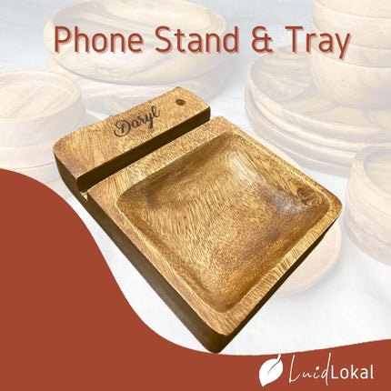 Luid Lokal Phone Stand with Multipurpose Tray Chips Keys Coins Watch Stash Pen Personalized Acacia Wood