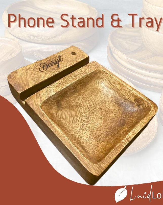 Luid Lokal Phone Stand with Multipurpose Tray Chips Keys Coins Watch Stash Pen Personalized Acacia Wood