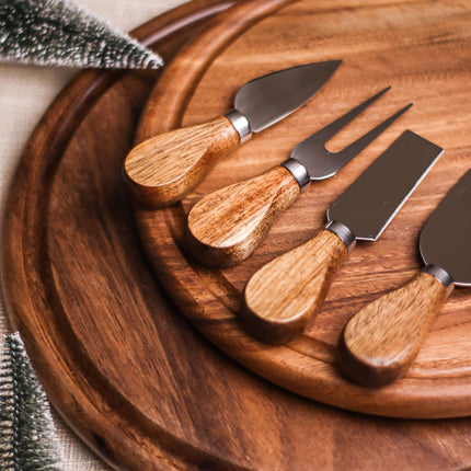 Luid Lokal Cheese Charcuterie Christmas Holiday Bundle Round Cheeseboard Knife Utensils Gift Set Wood