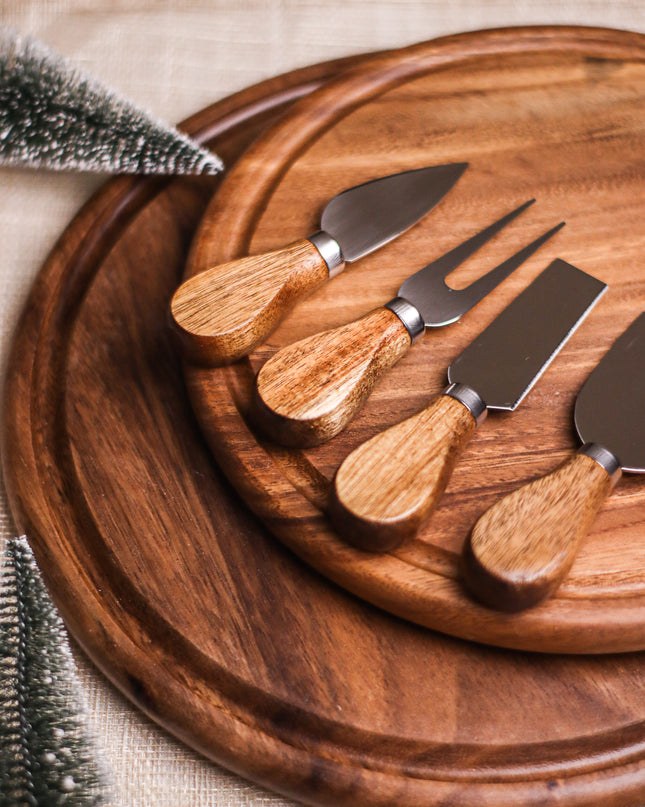 Luid Lokal Cheese Charcuterie Christmas Holiday Bundle Round Cheeseboard Knife Utensils Gift Set Wood