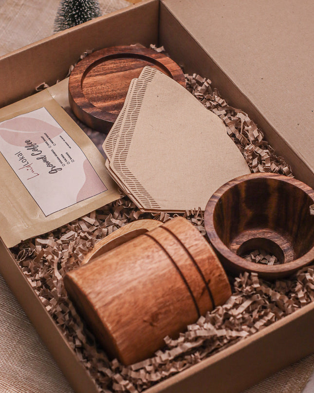 Luid Lokal Coffee Holiday Bundle Mug Dripper Coaster Coffee Grounds Gift Christmas Personalized Acacia Wood