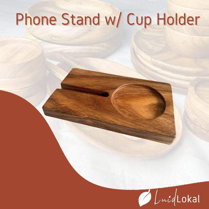 LUID LOKAL PHONE STAND WITH CUP HOLDER COASTER PERSONALIZED ACACIA WOOD