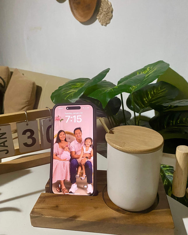 LUID LOKAL PHONE STAND WITH CUP HOLDER COASTER PERSONALIZED ACACIA WOOD