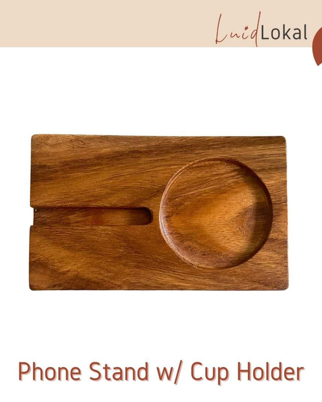 LUID LOKAL PHONE STAND WITH CUP HOLDER COASTER PERSONALIZED ACACIA WOOD