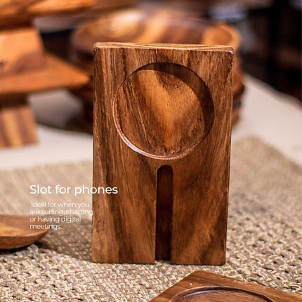 LUID LOKAL PHONE STAND WITH CUP HOLDER COASTER PERSONALIZED ACACIA WOOD