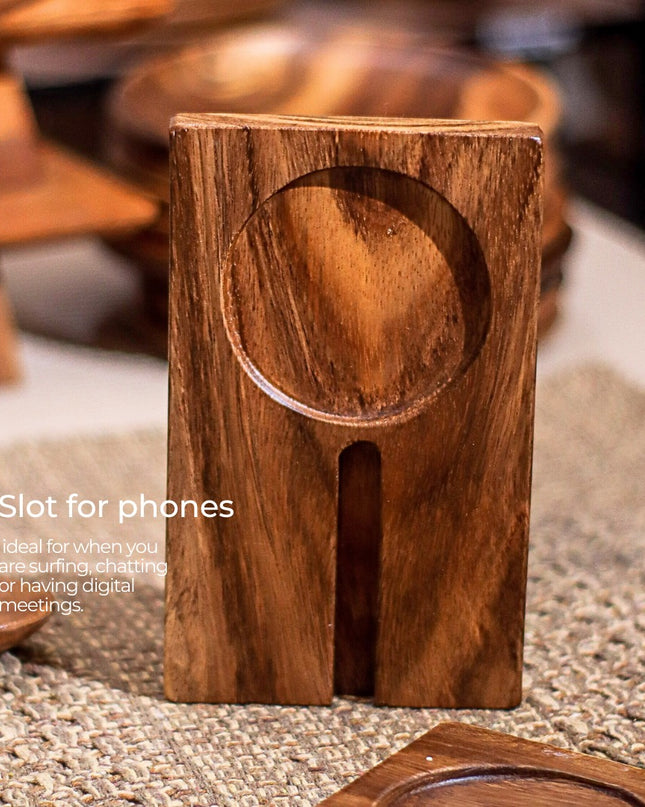 LUID LOKAL PHONE STAND WITH CUP HOLDER COASTER PERSONALIZED ACACIA WOOD