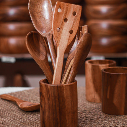 Luid Lokal Utensils Set with Holder Cooking Spoon Serving Spoon Serving Fork Turner Bundle Acacia Wood