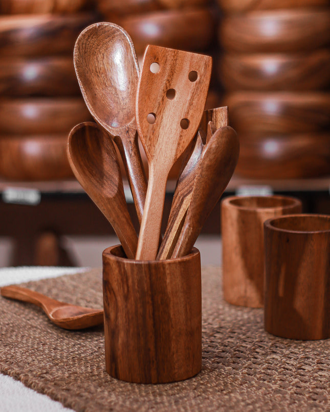 Luid Lokal Utensils Set with Holder Cooking Spoon Serving Spoon Serving Fork Turner Bundle Acacia Wood