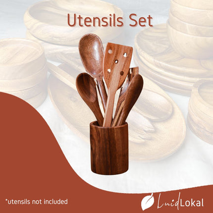 Luid Lokal Utensils Set with Holder Cooking Spoon Serving Spoon Serving Fork Turner Bundle Acacia Wood