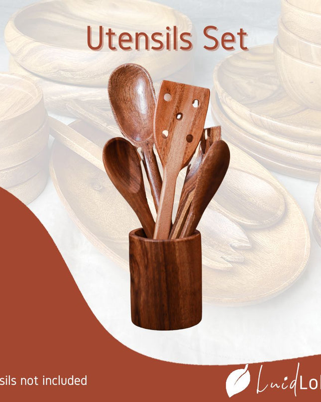 Luid Lokal Utensils Set with Holder Cooking Spoon Serving Spoon Serving Fork Turner Bundle Acacia Wood