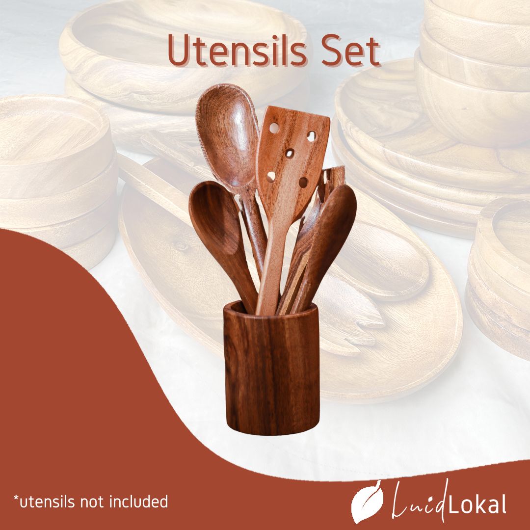 Luid Lokal Utensils Set with Holder Cooking Spoon Serving Spoon Serving Fork Turner Bundle Acacia Wood