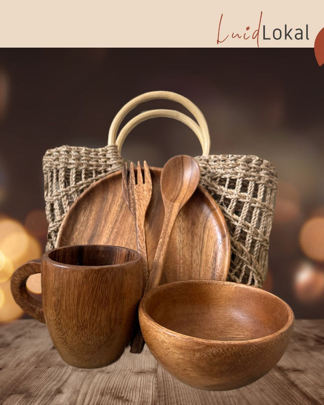 Luid Lokal Acacia Wood Bundle with Abaca Bag Plate Bowl Mug Spoon Fork Set Holiday Wedding Gift