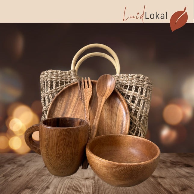 Luid Lokal Acacia Wood Bundle with Abaca Bag Plate Bowl Mug Spoon Fork
