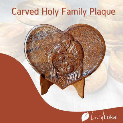 [Pre-order] Luid Lokal Carved Holy Family Plaque with Stand 2D Hand-carved Display Religious Catholic Icon Tabletop Joseph Mary Jesus Acacia Wood