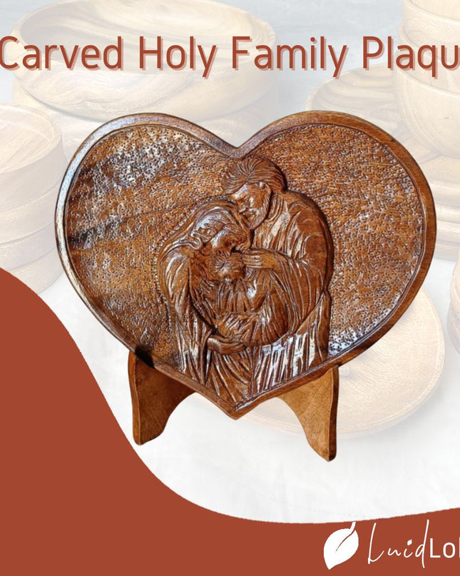 [Pre-order] Luid Lokal Carved Holy Family Plaque with Stand 2D Hand-carved Display Religious Catholic Icon Tabletop Joseph Mary Jesus Acacia Wood