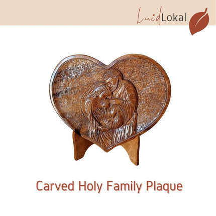 [Pre-order] Luid Lokal Carved Holy Family Plaque with Stand 2D Hand-carved Display Religious Catholic Icon Tabletop Joseph Mary Jesus Acacia Wood