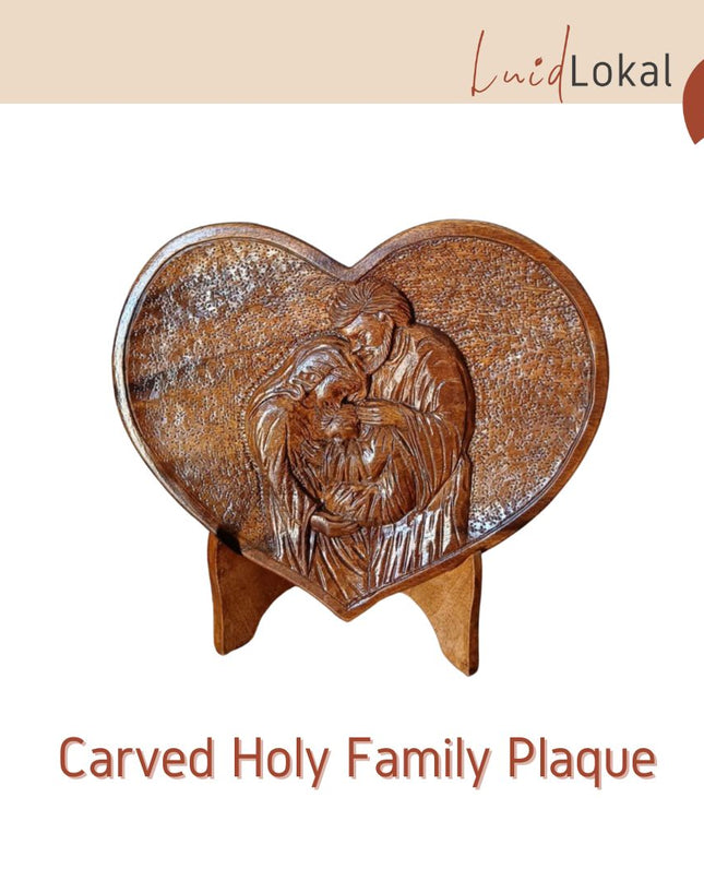 [Pre-order] Luid Lokal Carved Holy Family Plaque with Stand 2D Hand-carved Display Religious Catholic Icon Tabletop Joseph Mary Jesus Acacia Wood