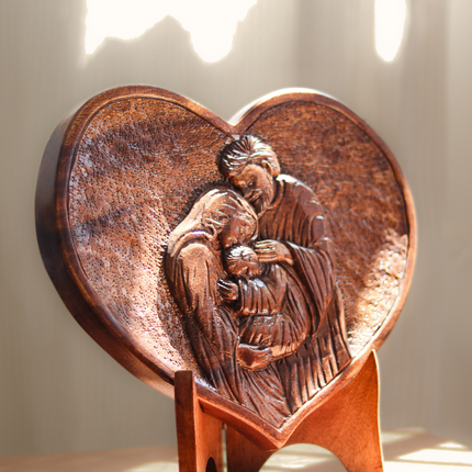 [Pre-order] Luid Lokal Carved Holy Family Plaque with Stand 2D Hand-carved Display Religious Catholic Icon Tabletop Joseph Mary Jesus Acacia Wood