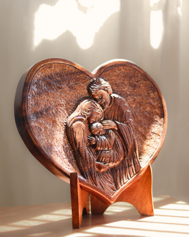[Pre-order] Luid Lokal Carved Holy Family Plaque with Stand 2D Hand-carved Display Religious Catholic Icon Tabletop Joseph Mary Jesus Acacia Wood