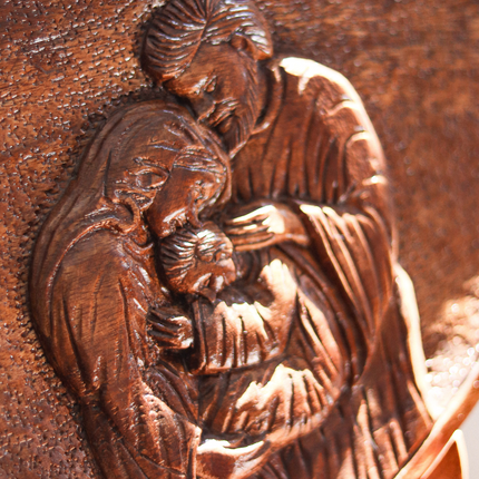 [Pre-order] Luid Lokal Carved Holy Family Plaque with Stand 2D Hand-carved Display Religious Catholic Icon Tabletop Joseph Mary Jesus Acacia Wood