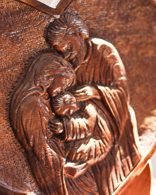 [Pre-order] Luid Lokal Carved Holy Family Plaque with Stand 2D Hand-carved Display Religious Catholic Icon Tabletop Joseph Mary Jesus Acacia Wood