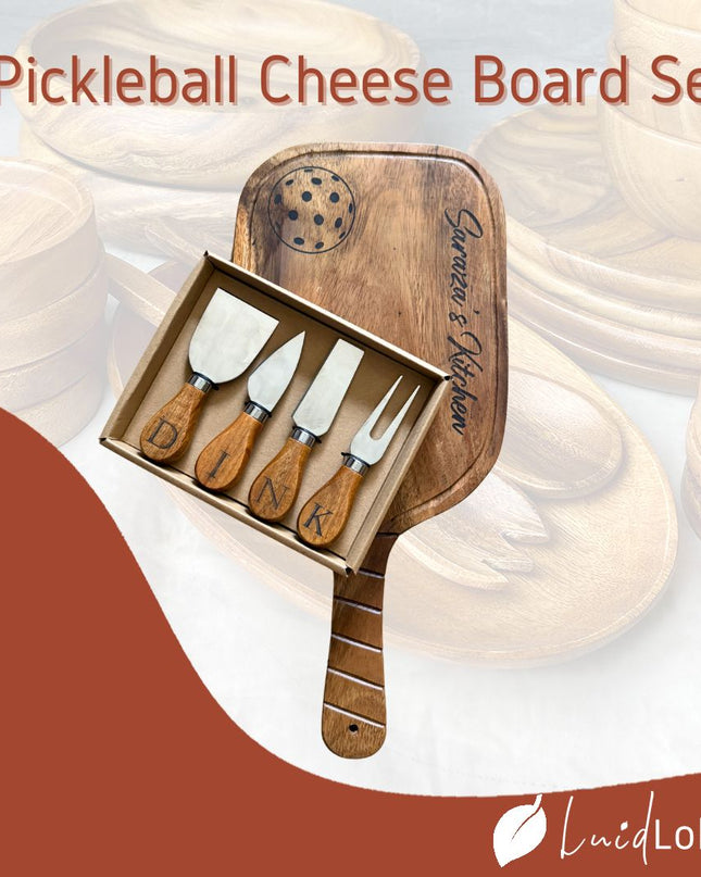 Luid Lokal Pickleball Paddle Cheese Board Charcuterie Cheese Knife Set Personalized Engraving Sports Gift Acacia Wood