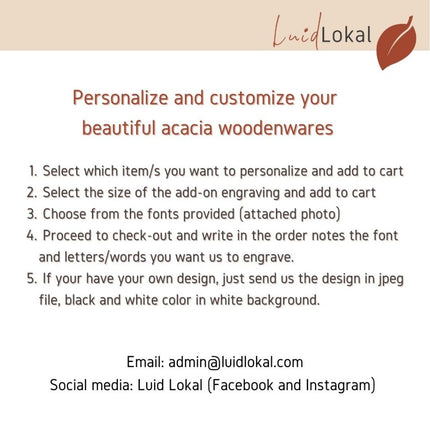 Luid Lokal Add-On Custom Personalized Gift Laser Engraved for Plates Bowls Mugs Acacia Wood