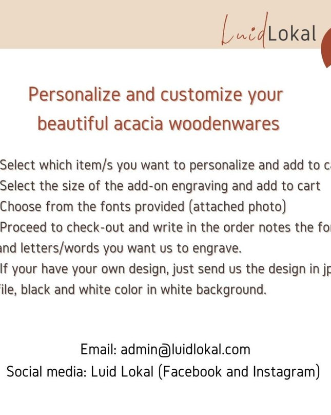 Luid Lokal Add-On Custom Personalized Gift Laser Engraved for Plates Bowls Mugs Acacia Wood