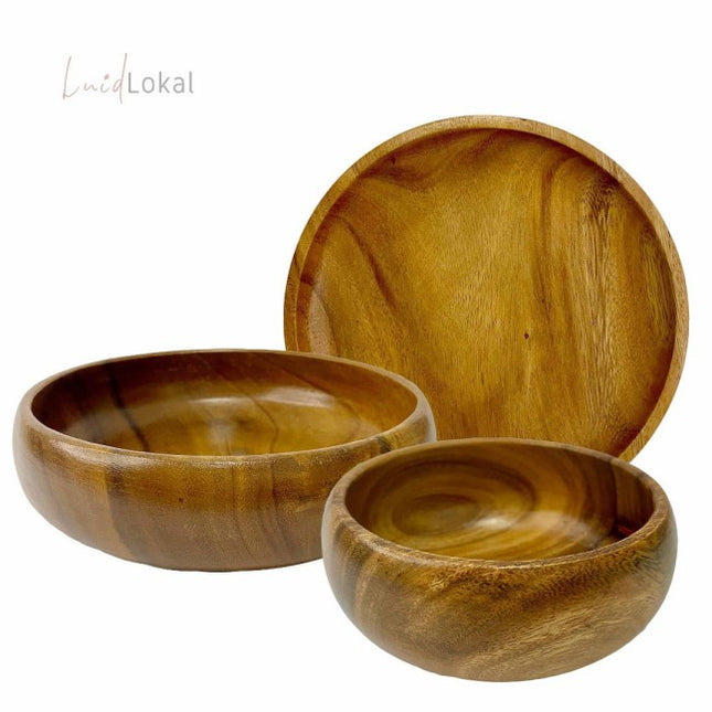 Luid Lokal Mini Party Set Bundle Round Plate Calabash Bowls Acacia Wood