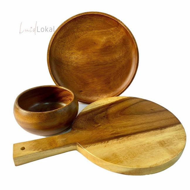 Luid Lokal Perfect Set Bundle Paddle Board Round Plate Calabash Bowl Server Acacia Wood