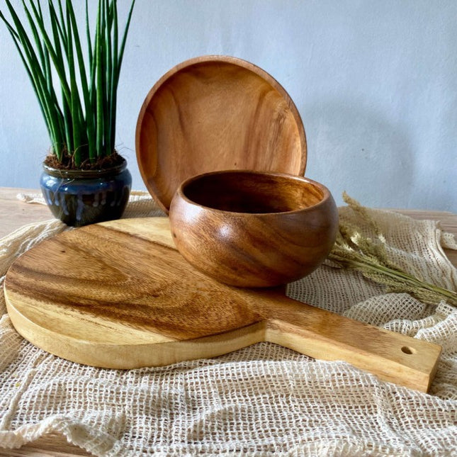Luid Lokal Perfect Set Bundle Paddle Board Round Plate Calabash Bowl Server Acacia Wood