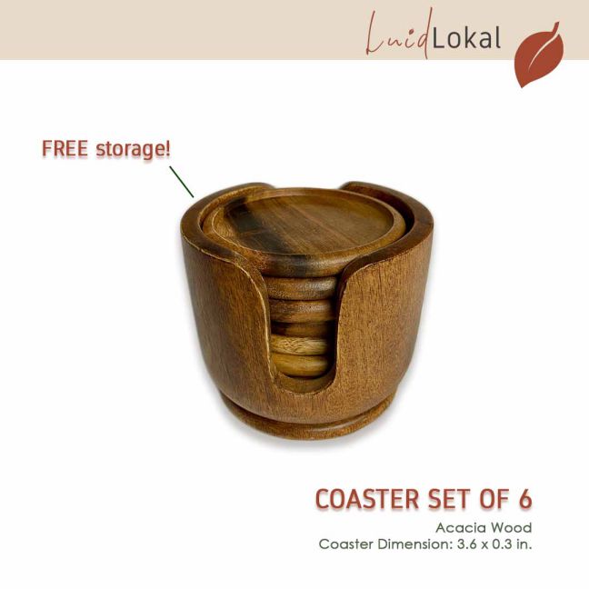 Luid Lokal 6 Pieces Coaster Set with Free Holder Acacia Wood