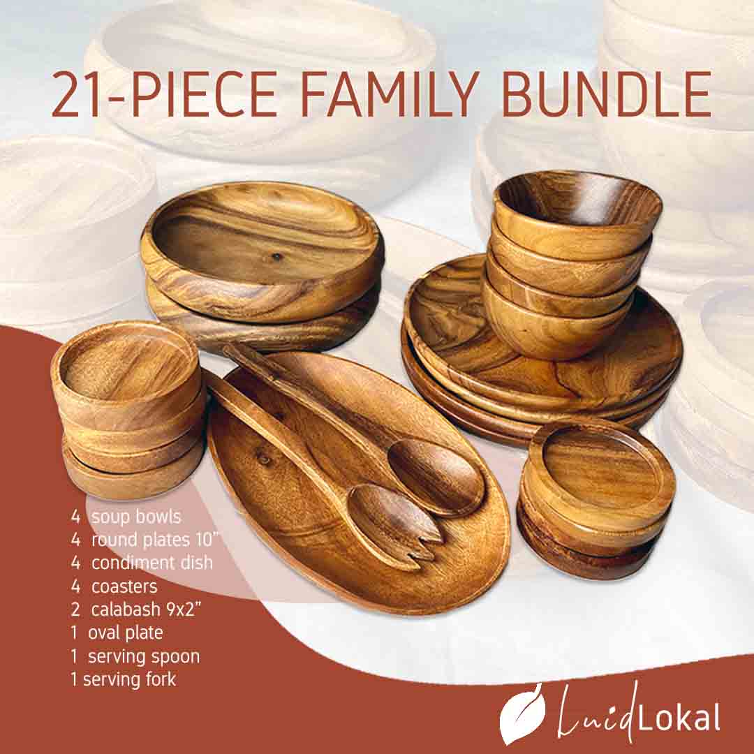Luid Lokal 21-Piece Wooden Ware Family Bundle/Set Dining Serving Acacia Wood