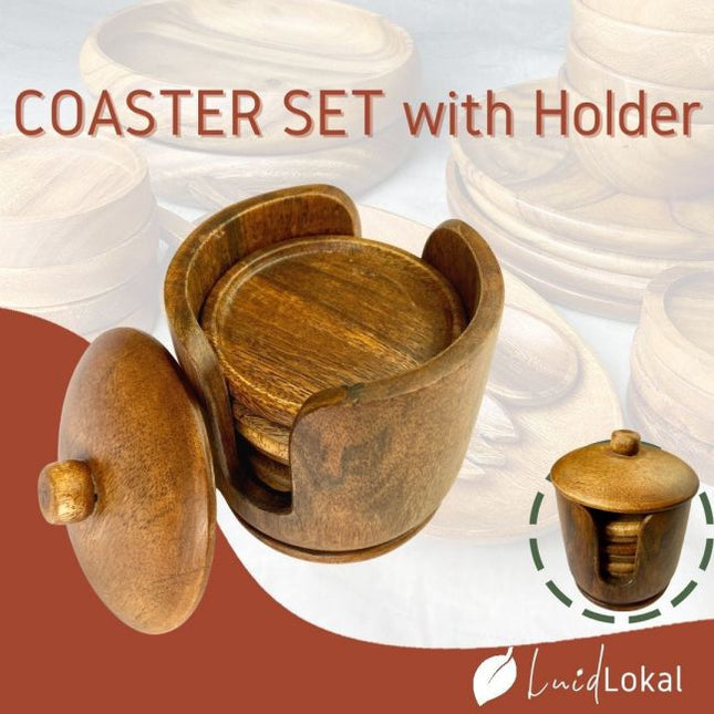 Luid Lokal 6 Pieces Coaster Set with Free Holder Acacia Wood
