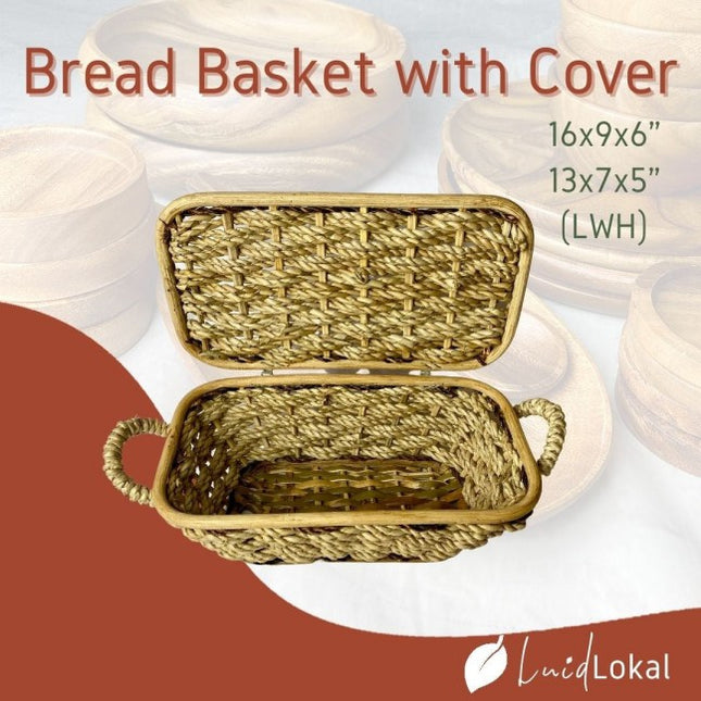 Luid Lokal Rectangular Bread Basket with Cover and Handles Kitchen Storage Woven Buri