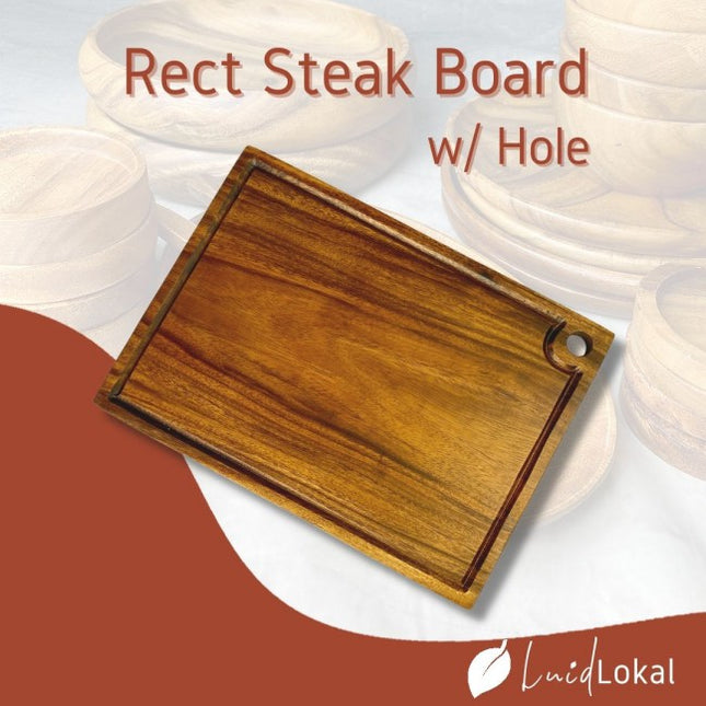 Luid Lokal Steak Board Rectangle with Hole Cutting Board with Juice Groove Kitchen Chopping Board for Meat Cheese and Vegetables Acacia Wood