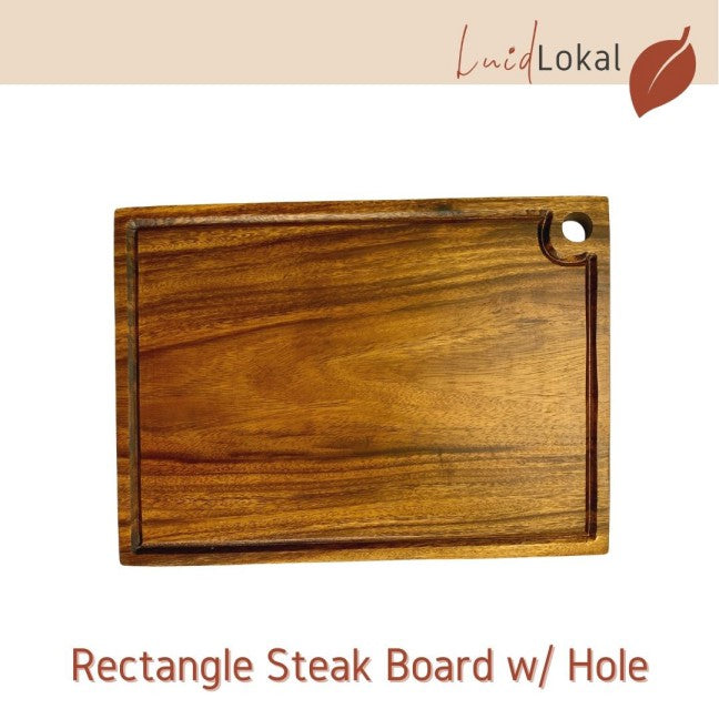 Luid Lokal Steak Board Rectangle with Hole Cutting Board with Juice Groove Kitchen Chopping Board for Meat Cheese and Vegetables Acacia Wood