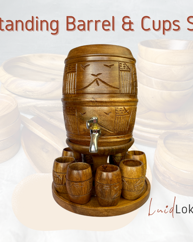 Luid Lokal Standing Barrel and Cups Set Beer Cocktails Juice Mango Wood